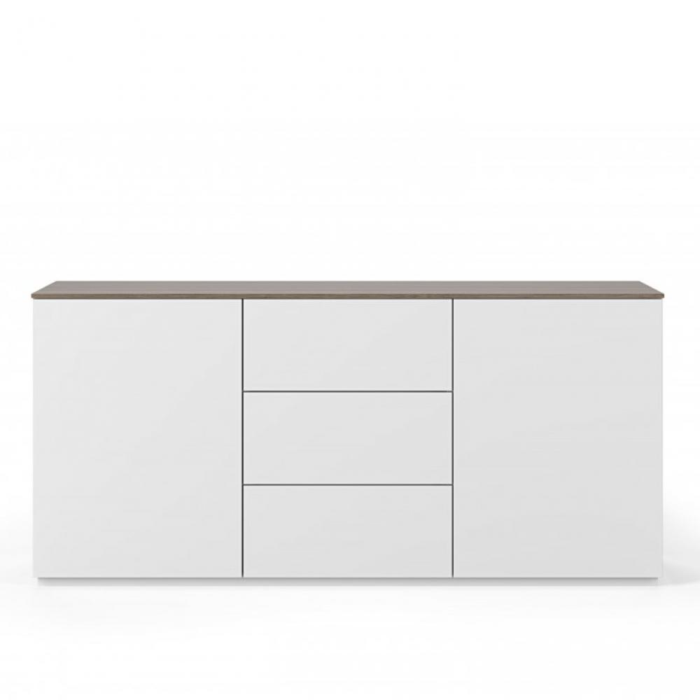 Buffet WHITY 2 blanc mat 180cm 2 portes/3 tiroirs Plateau en bois noyer